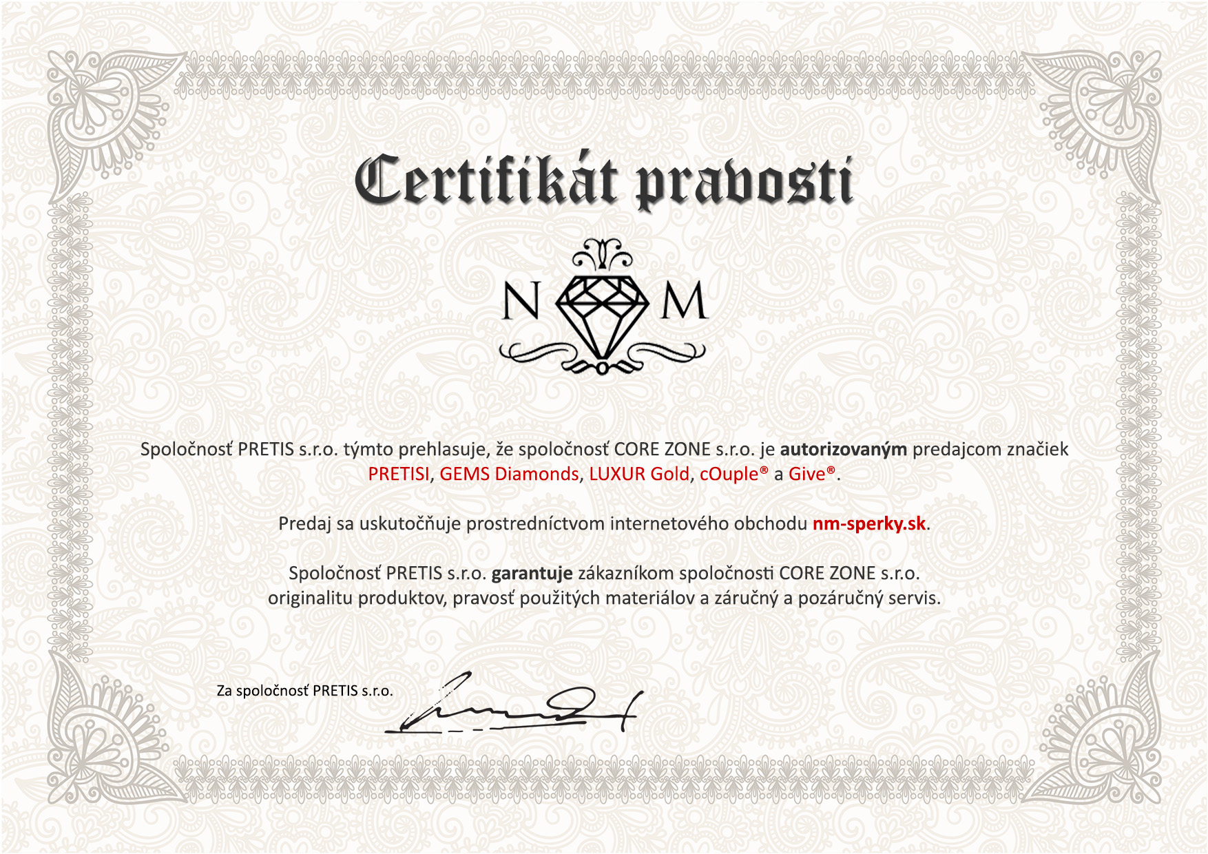 Certifikát Pretis