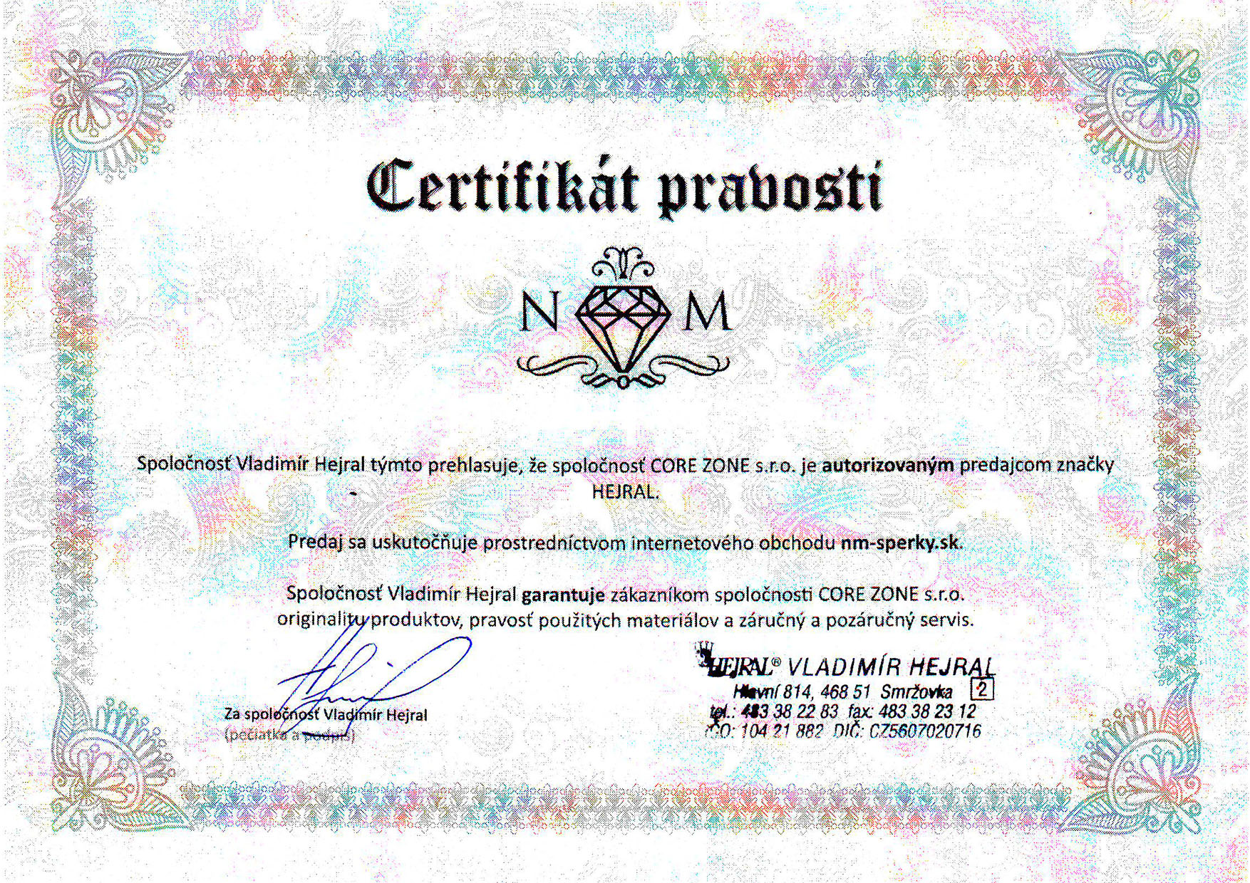 Certifikát Hejral Kov a Šperk
